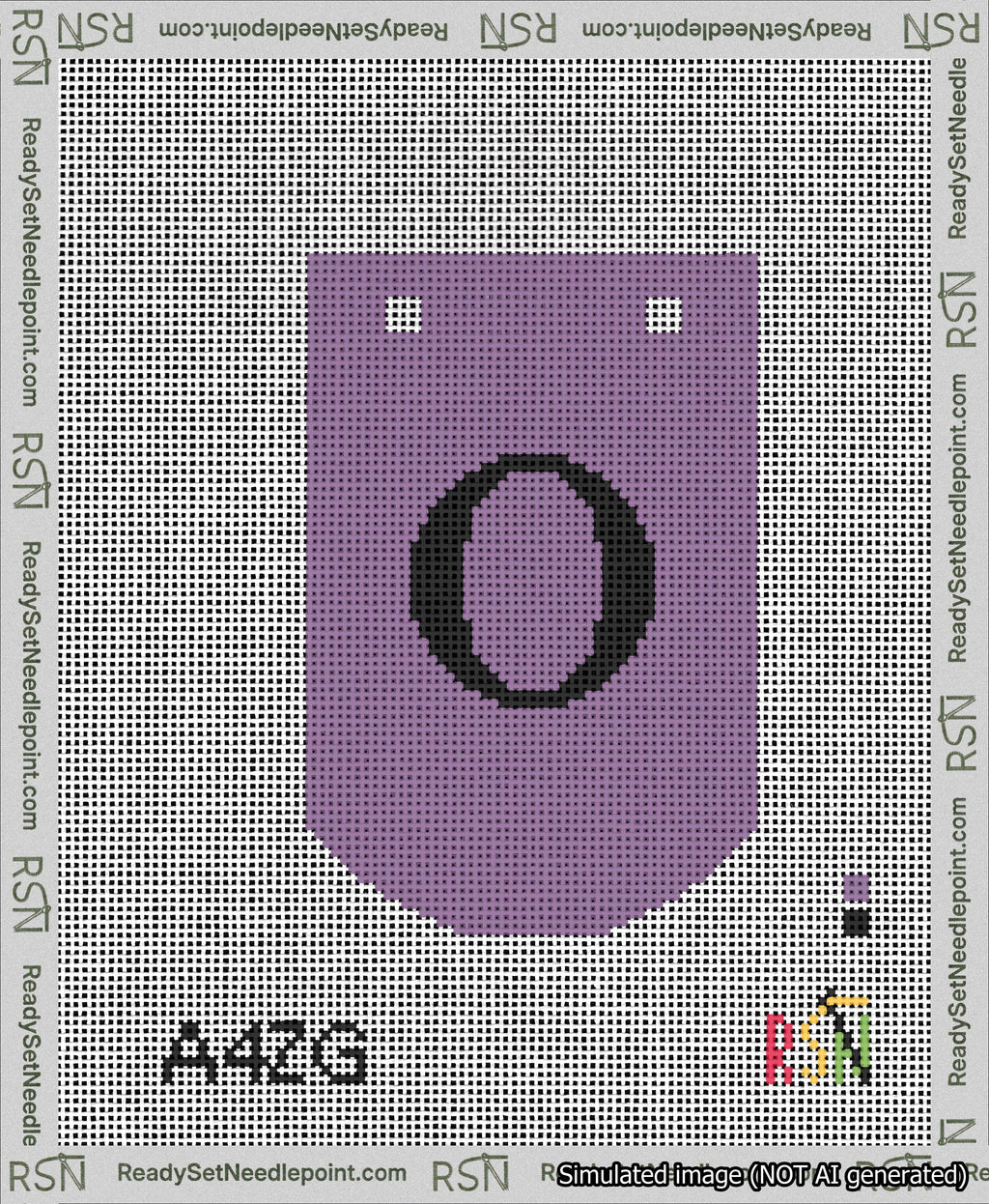 A taped needlepoint canvas with the design: Banner 13 mesh count Curved O Black on Purple.