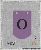 A taped needlepoint canvas with the design: Banner 13 mesh count Curved O Black on Purple.