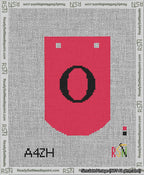 A taped needlepoint canvas with the design: Banner 13 mesh count Curved O Black on Red.