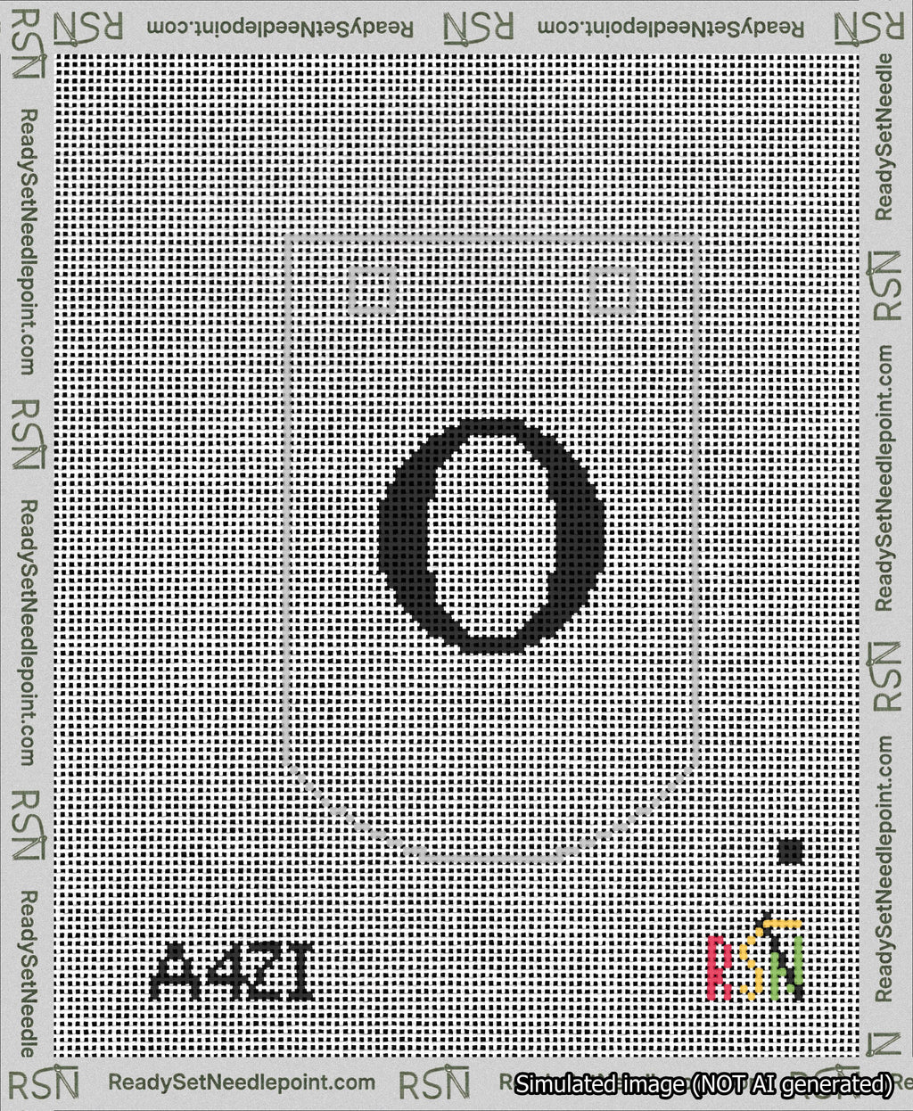 A taped needlepoint canvas with the design: Banner 13 mesh count Curved O Black on White.