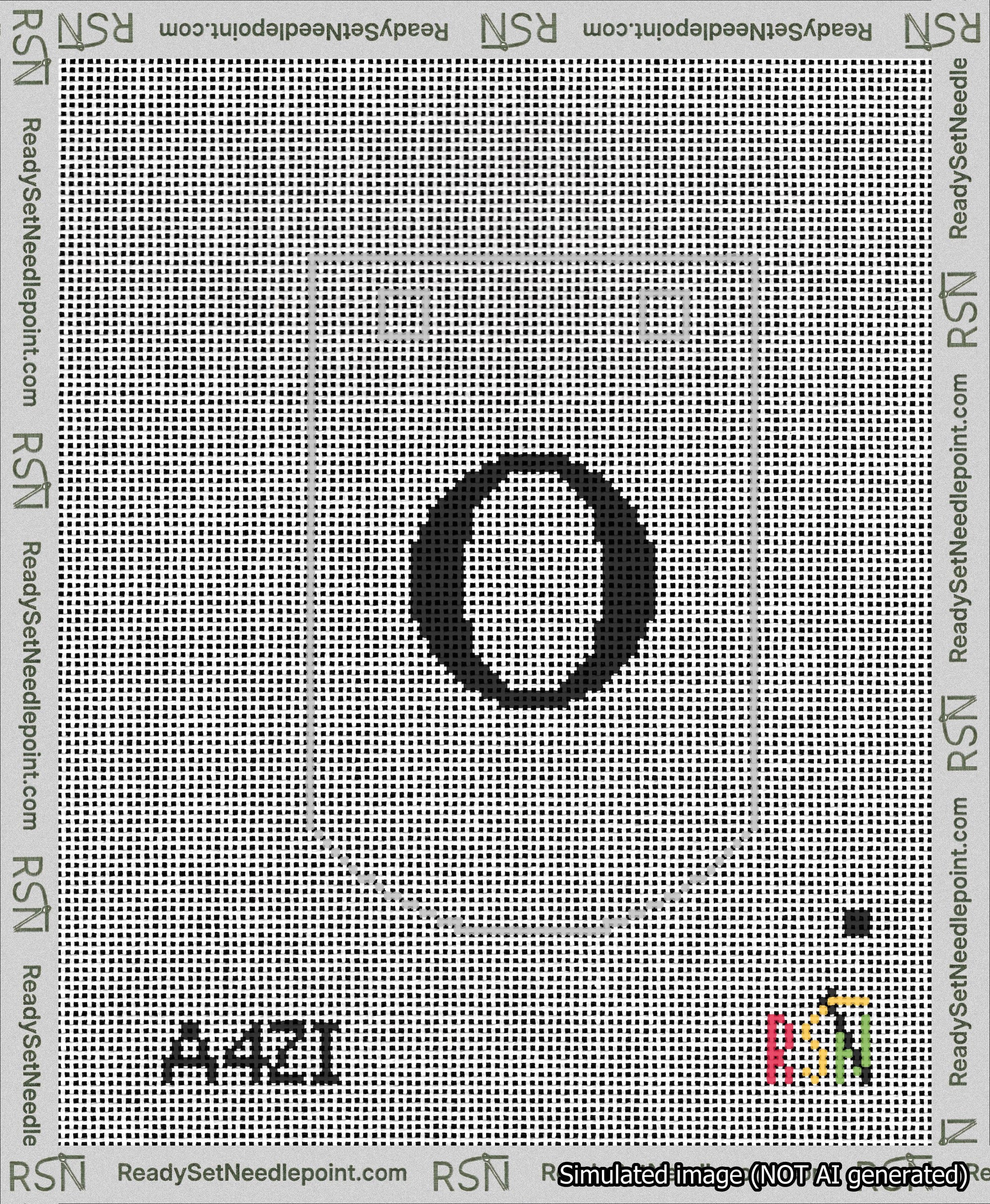 A taped needlepoint canvas with the design: Banner 13 mesh count Curved O Black on White.