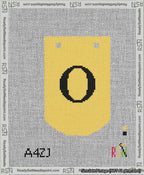 A taped needlepoint canvas with the design: Banner 13 mesh count Curved O Black on Yellow.