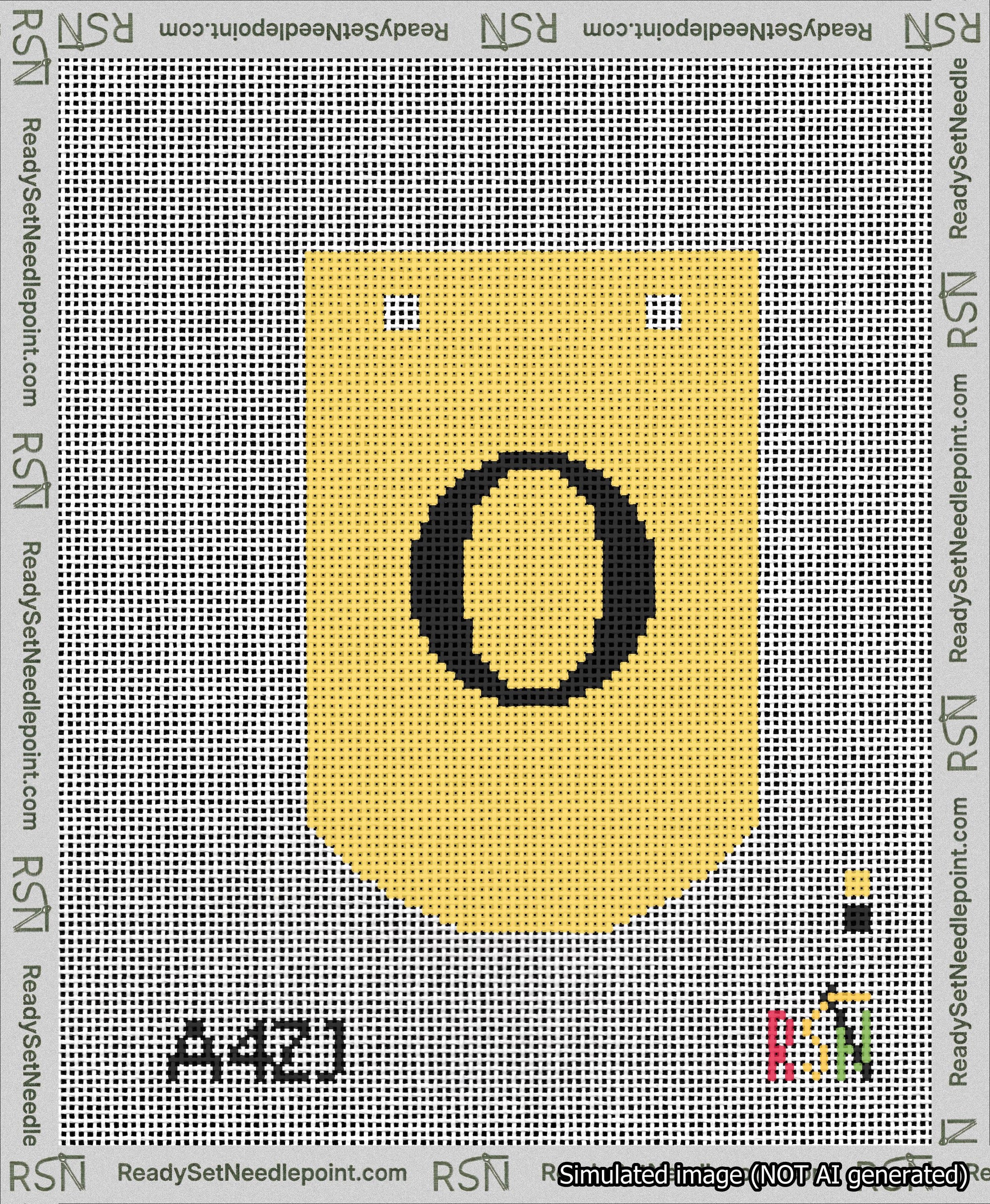 A taped needlepoint canvas with the design: Banner 13 mesh count Curved O Black on Yellow.