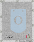 A taped needlepoint canvas with the design: Banner 13 mesh count Curved O White on Light Blue.