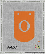 A taped needlepoint canvas with the design: Banner 13 mesh count Curved O White on Orange.