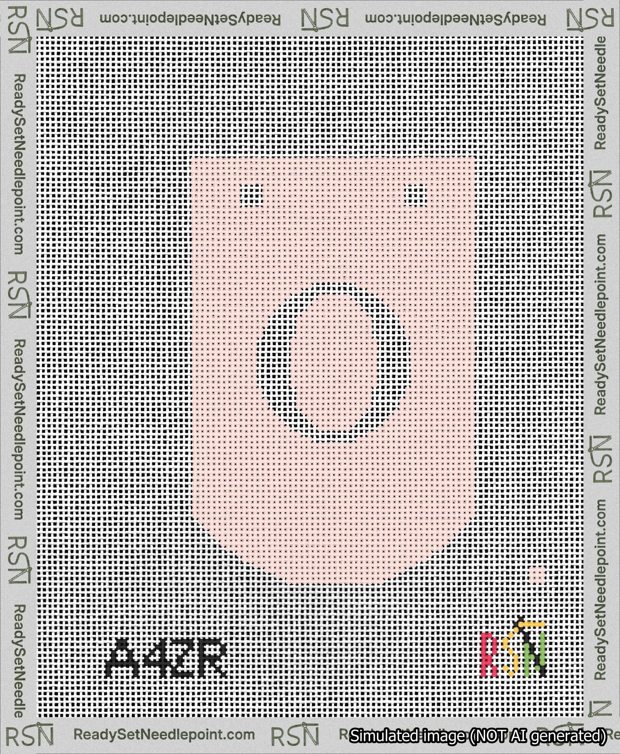 A taped needlepoint canvas with the design: Banner 13 mesh count Curved O White on Pink.