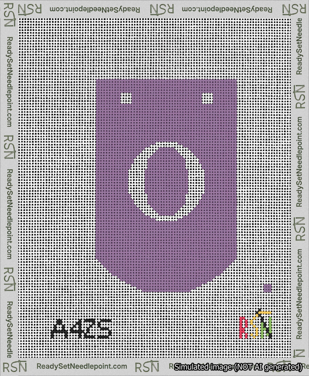 A taped needlepoint canvas with the design: Banner 13 mesh count Curved O White on Purple.