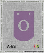 A taped needlepoint canvas with the design: Banner 13 mesh count Curved O White on Purple.