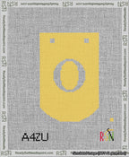 A taped needlepoint canvas with the design: Banner 13 mesh count Curved O White on Yellow.