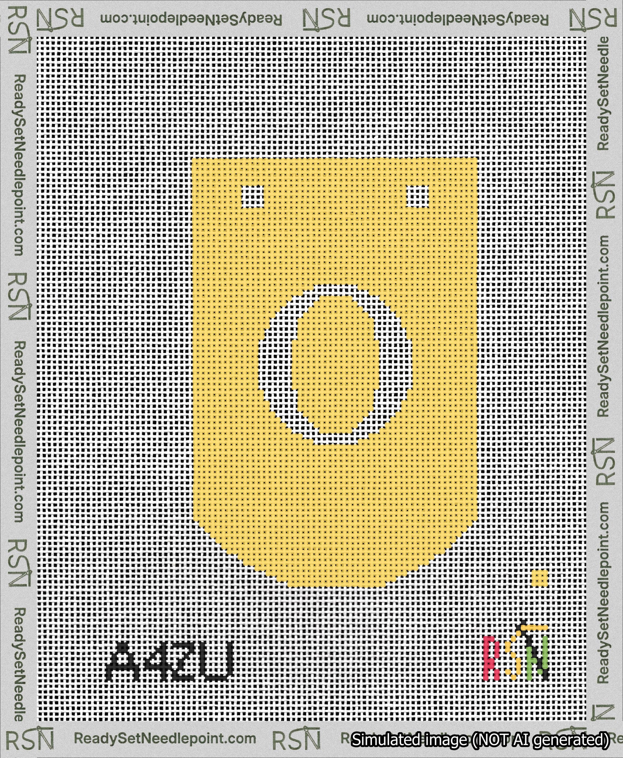 A taped needlepoint canvas with the design: Banner 13 mesh count Curved O White on Yellow.