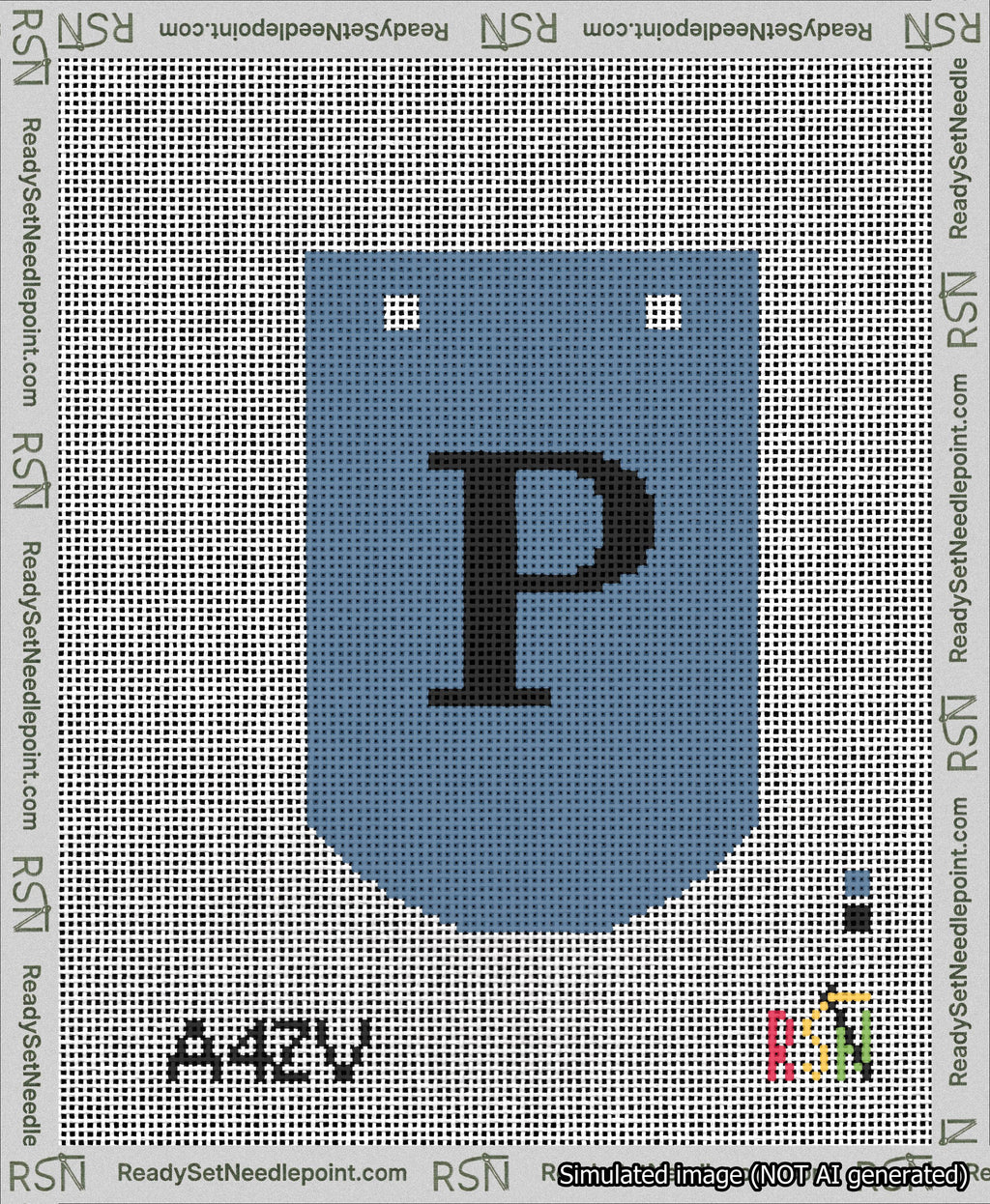 A taped needlepoint canvas with the design: Banner 13 mesh count Curved P Black on Blue.