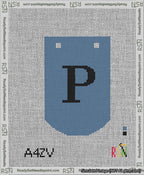 A taped needlepoint canvas with the design: Banner 13 mesh count Curved P Black on Blue.