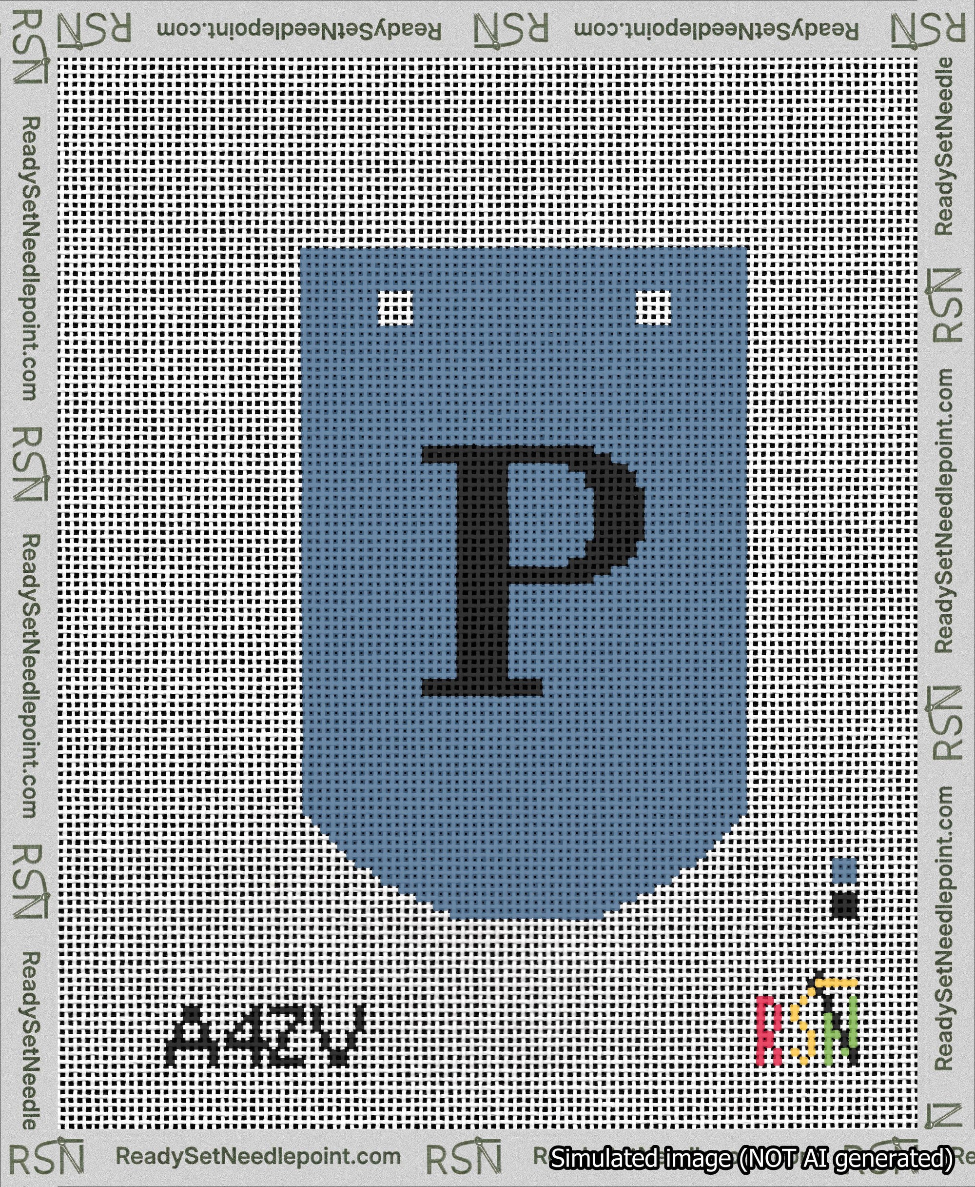 A taped needlepoint canvas with the design: Banner 13 mesh count Curved P Black on Blue.