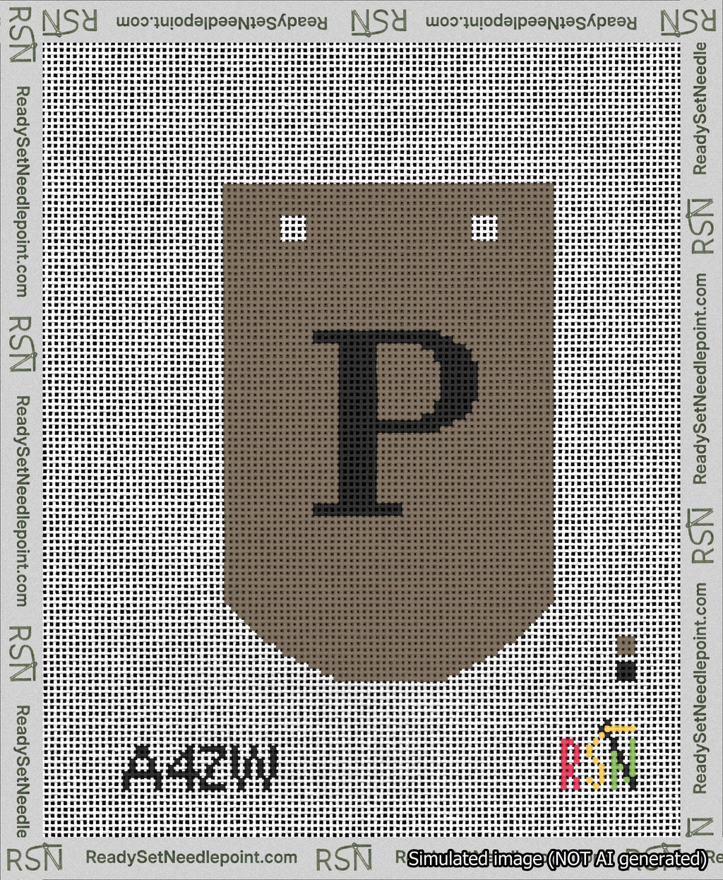 A taped needlepoint canvas with the design: Banner 13 mesh count Curved P Black on Brown.