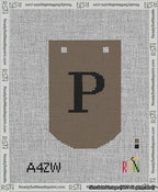 A taped needlepoint canvas with the design: Banner 13 mesh count Curved P Black on Brown.