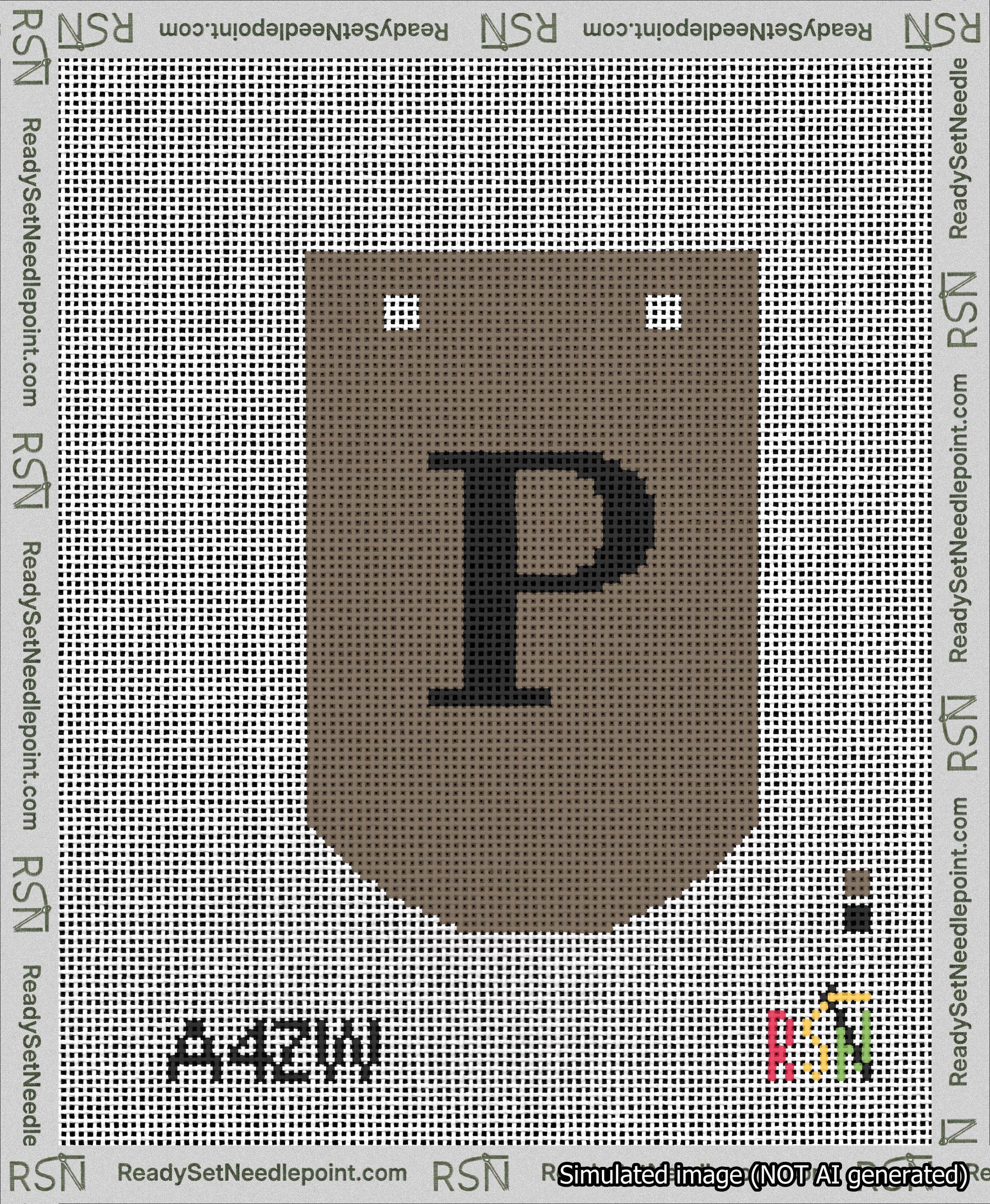 A taped needlepoint canvas with the design: Banner 13 mesh count Curved P Black on Brown.