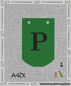 A taped needlepoint canvas with the design: Banner 13 mesh count Curved P Black on Green.