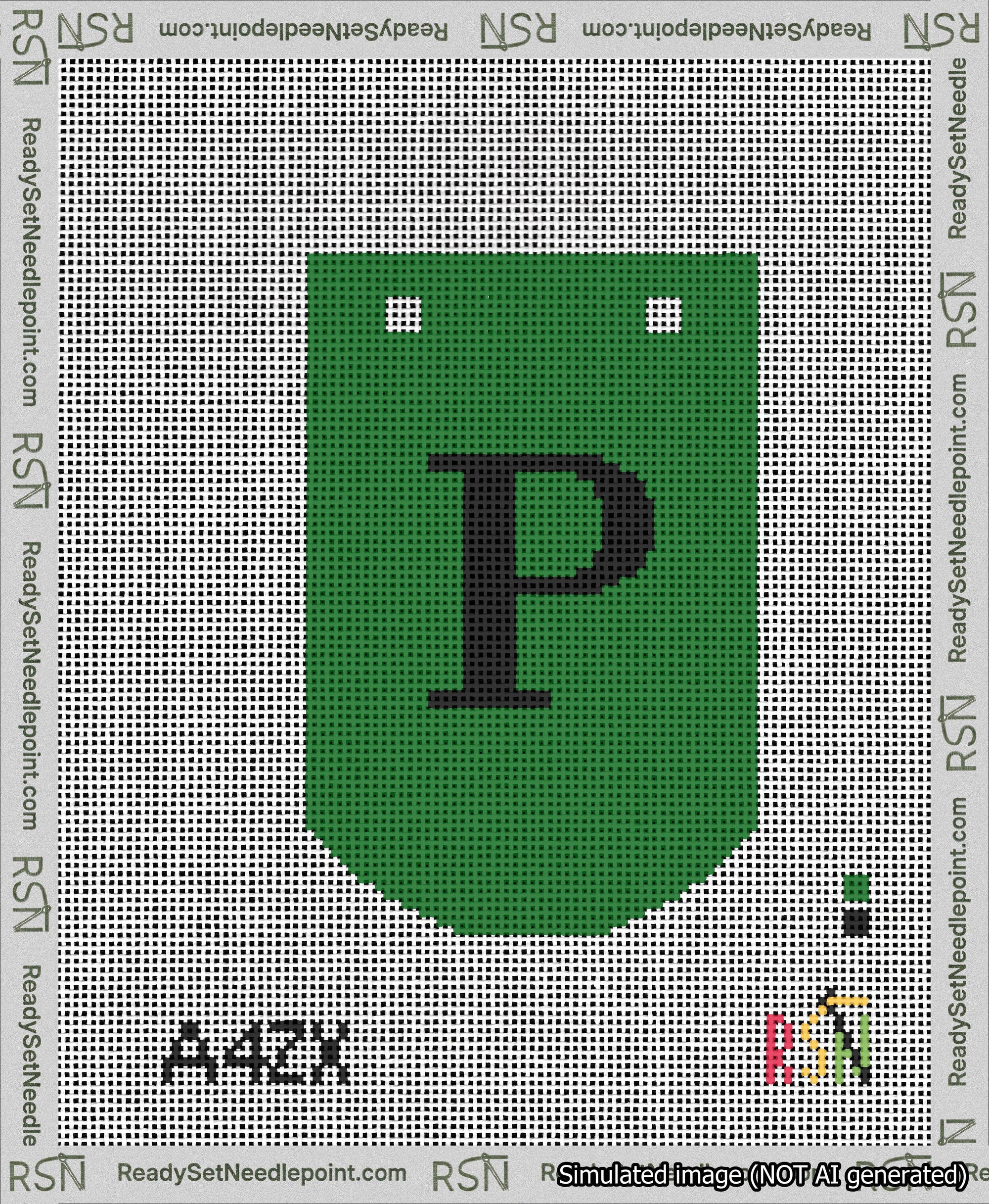 A taped needlepoint canvas with the design: Banner 13 mesh count Curved P Black on Green.