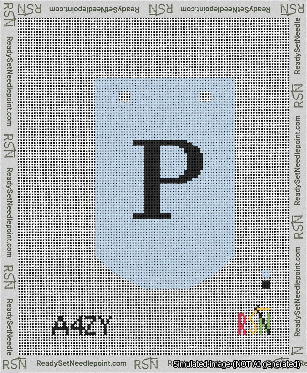 A taped needlepoint canvas with the design: Banner 13 mesh count Curved P Black on Light Blue.