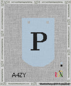 A taped needlepoint canvas with the design: Banner 13 mesh count Curved P Black on Light Blue.