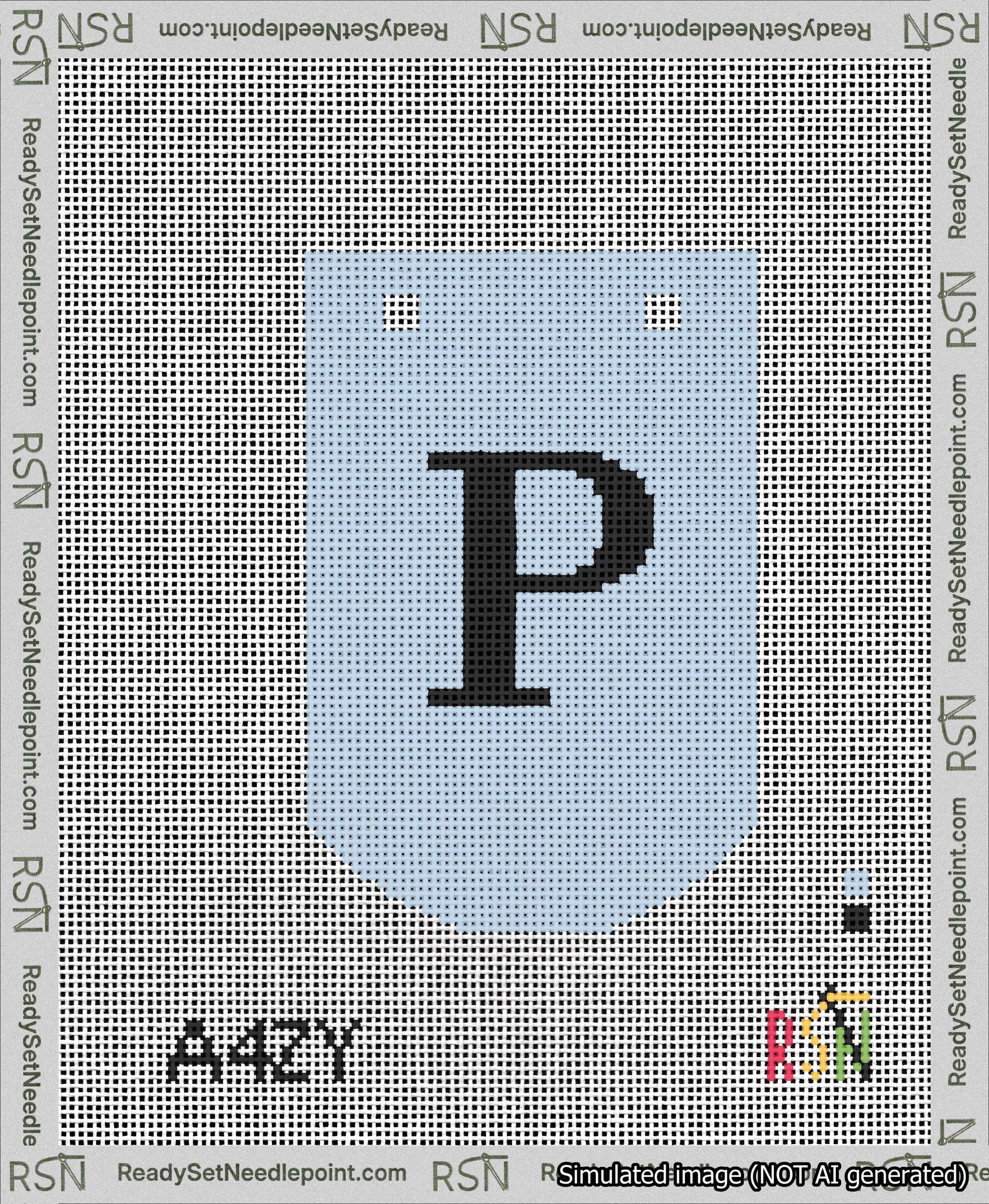 A taped needlepoint canvas with the design: Banner 13 mesh count Curved P Black on Light Blue.