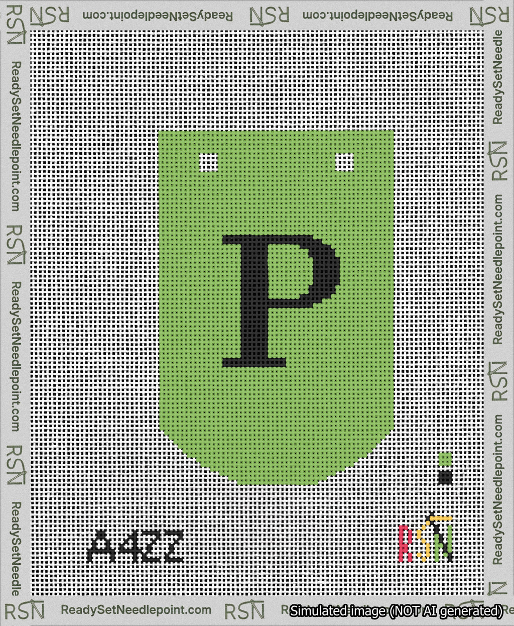 A taped needlepoint canvas with the design: Banner 13 mesh count Curved P Black on Light Green.