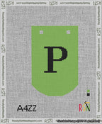 A taped needlepoint canvas with the design: Banner 13 mesh count Curved P Black on Light Green.