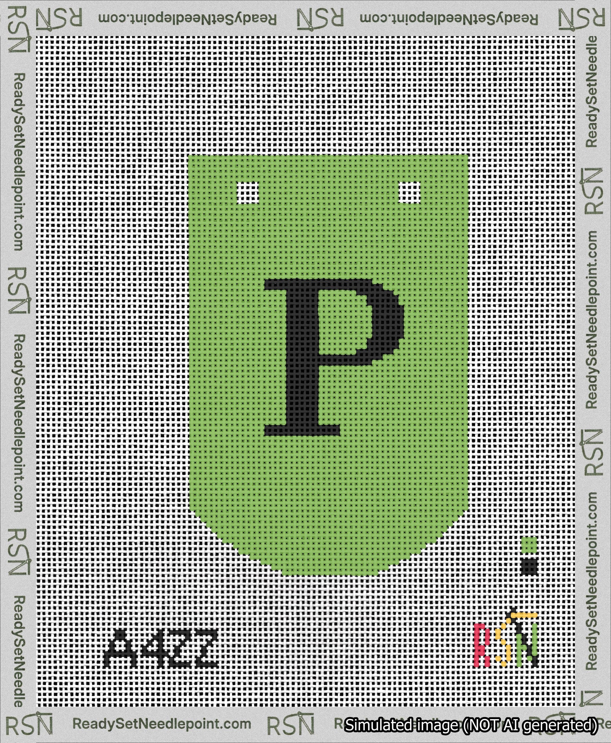 A taped needlepoint canvas with the design: Banner 13 mesh count Curved P Black on Light Green.
