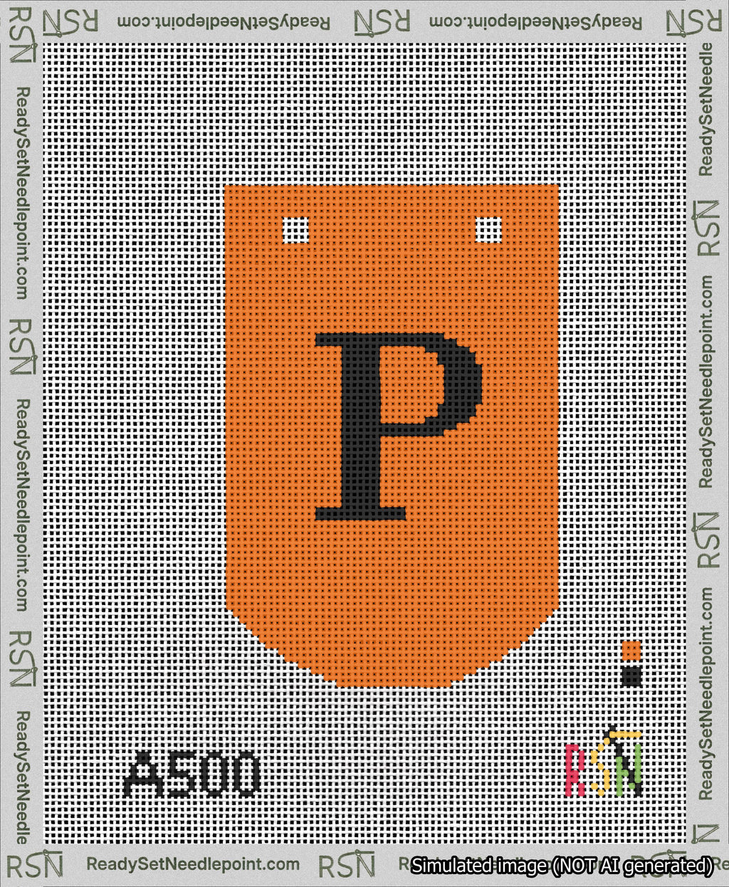 A taped needlepoint canvas with the design: Banner 13 mesh count Curved P Black on Orange.