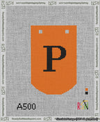 A taped needlepoint canvas with the design: Banner 13 mesh count Curved P Black on Orange.