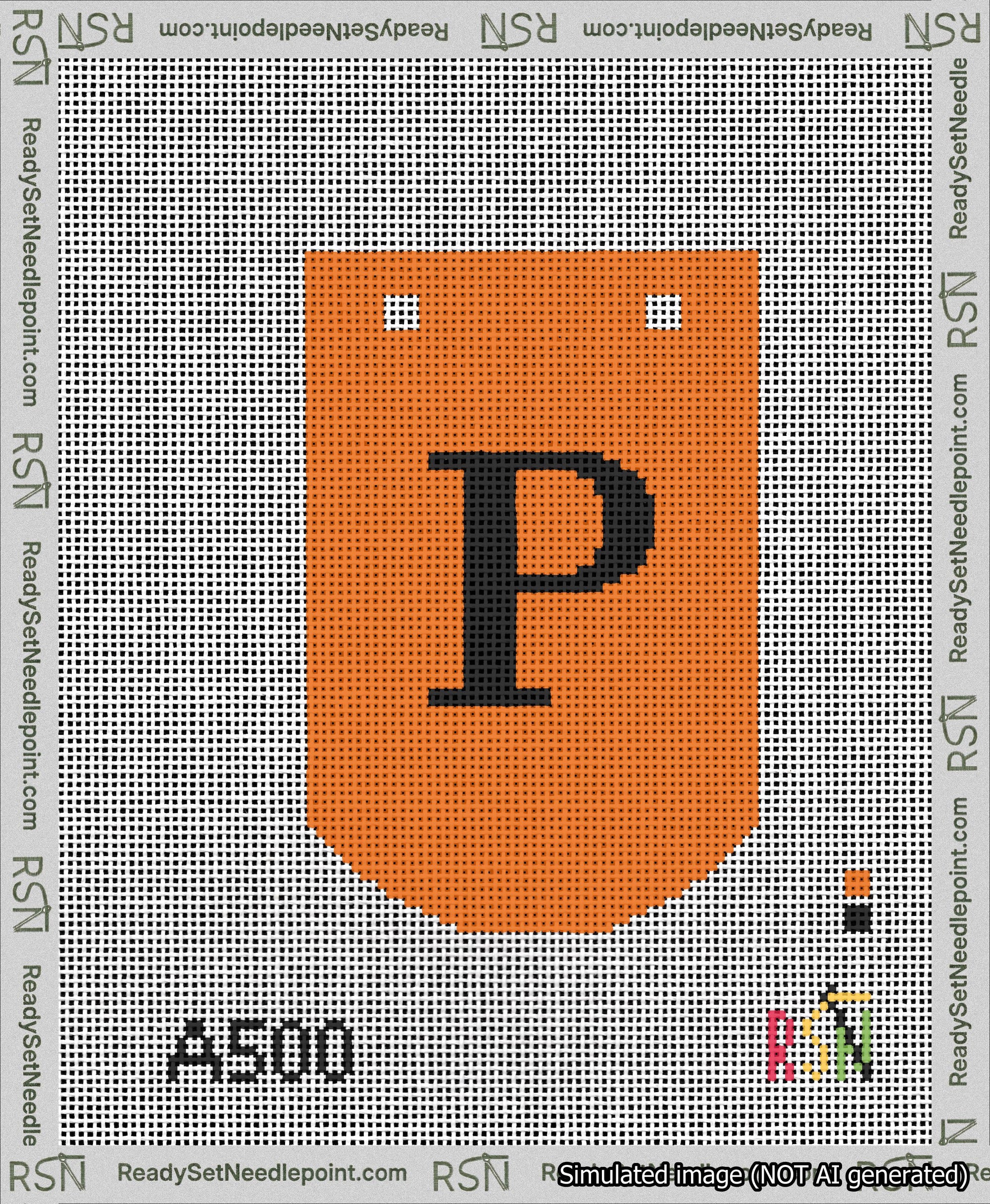 A taped needlepoint canvas with the design: Banner 13 mesh count Curved P Black on Orange.