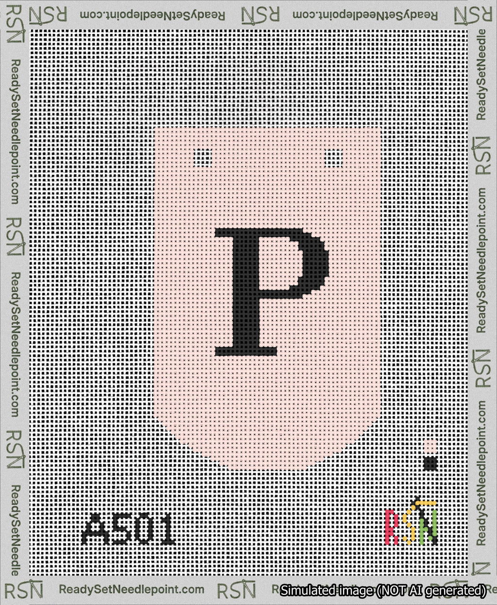 A taped needlepoint canvas with the design: Banner 13 mesh count Curved P Black on Pink.