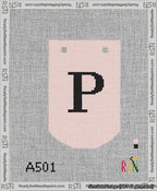 A taped needlepoint canvas with the design: Banner 13 mesh count Curved P Black on Pink.