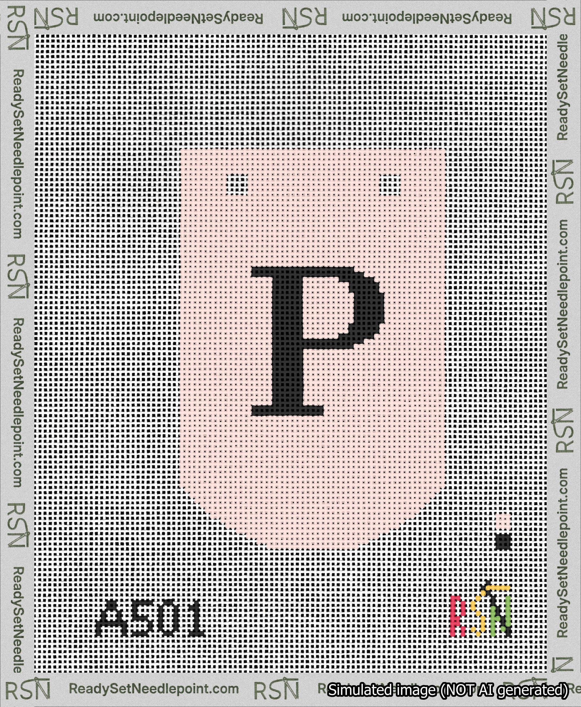 A taped needlepoint canvas with the design: Banner 13 mesh count Curved P Black on Pink.
