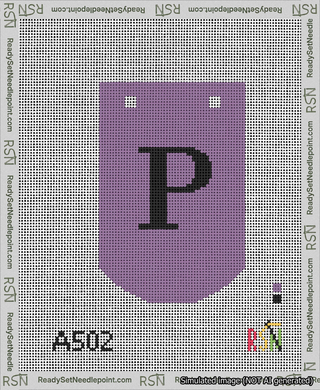 A taped needlepoint canvas with the design: Banner 13 mesh count Curved P Black on Purple.
