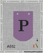 A taped needlepoint canvas with the design: Banner 13 mesh count Curved P Black on Purple.