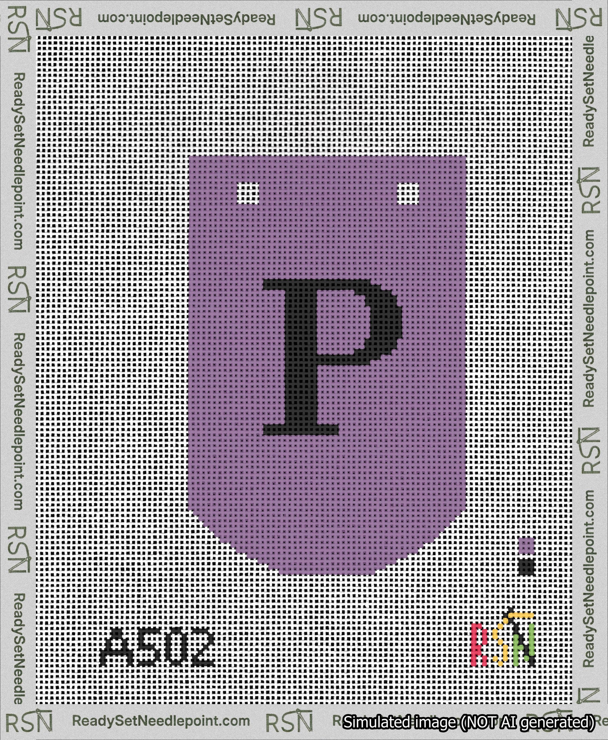A taped needlepoint canvas with the design: Banner 13 mesh count Curved P Black on Purple.
