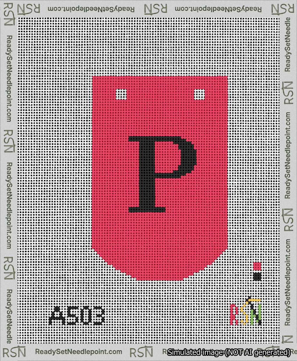 A taped needlepoint canvas with the design: Banner 13 mesh count Curved P Black on Red.