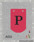 A taped needlepoint canvas with the design: Banner 13 mesh count Curved P Black on Red.