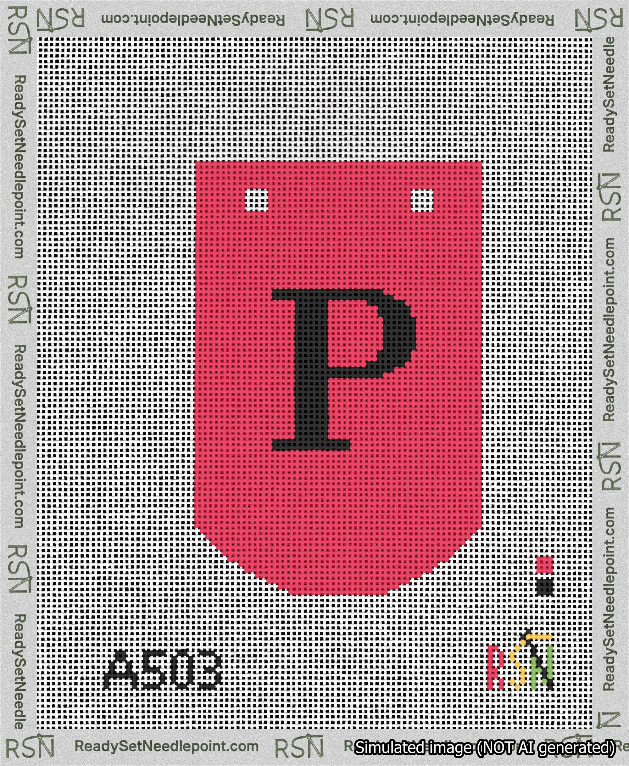 A taped needlepoint canvas with the design: Banner 13 mesh count Curved P Black on Red.