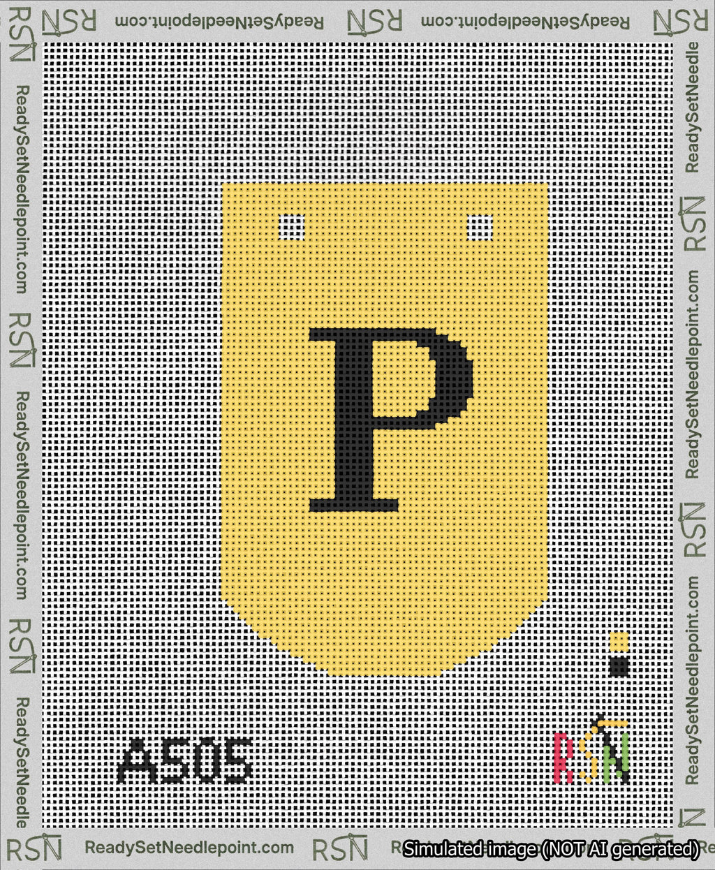 A taped needlepoint canvas with the design: Banner 13 mesh count Curved P Black on Yellow.