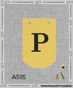 A taped needlepoint canvas with the design: Banner 13 mesh count Curved P Black on Yellow.