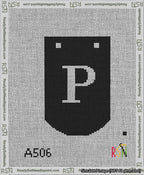 A taped needlepoint canvas with the design: Banner 13 mesh count Curved P White on Black.