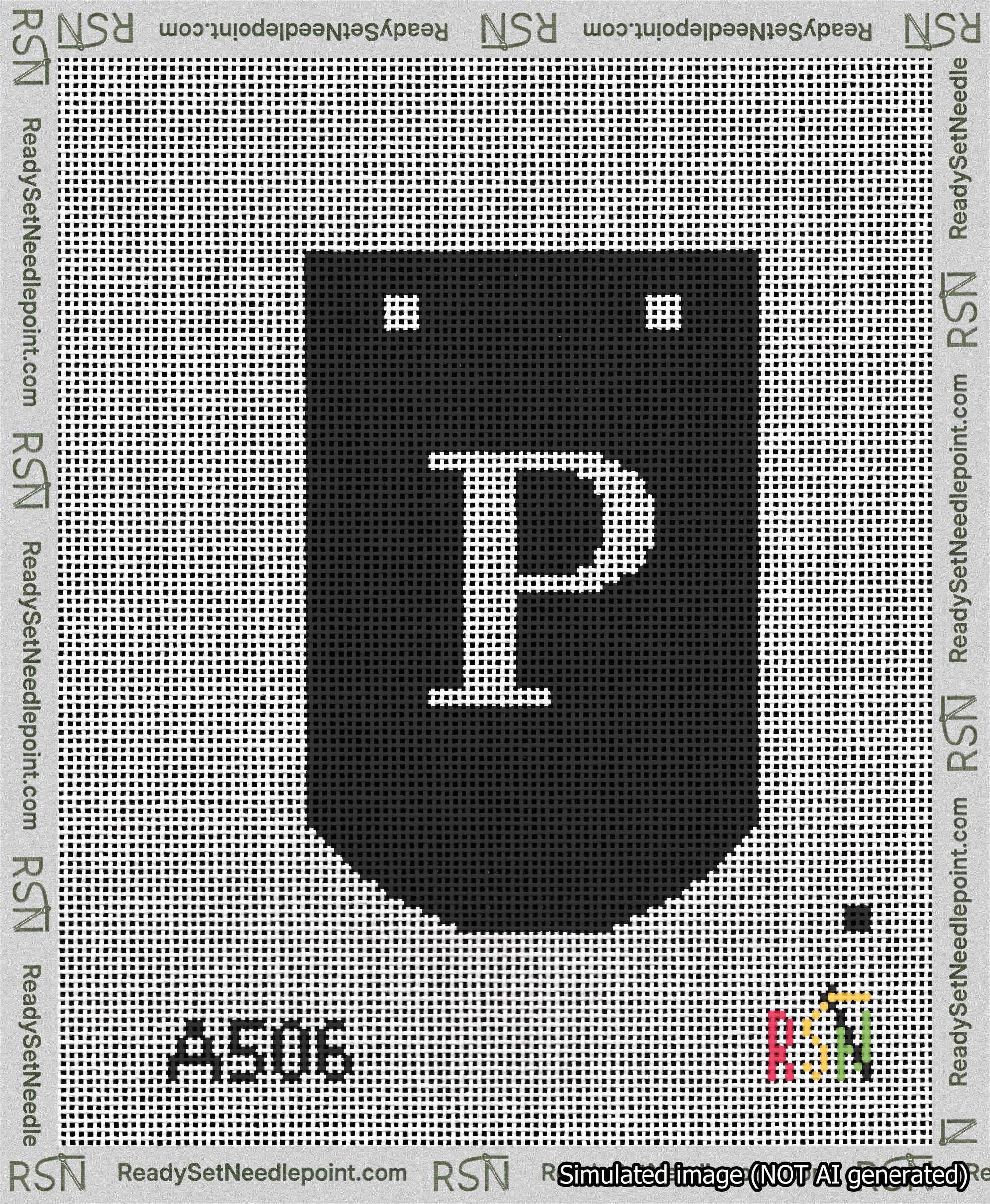 A taped needlepoint canvas with the design: Banner 13 mesh count Curved P White on Black.