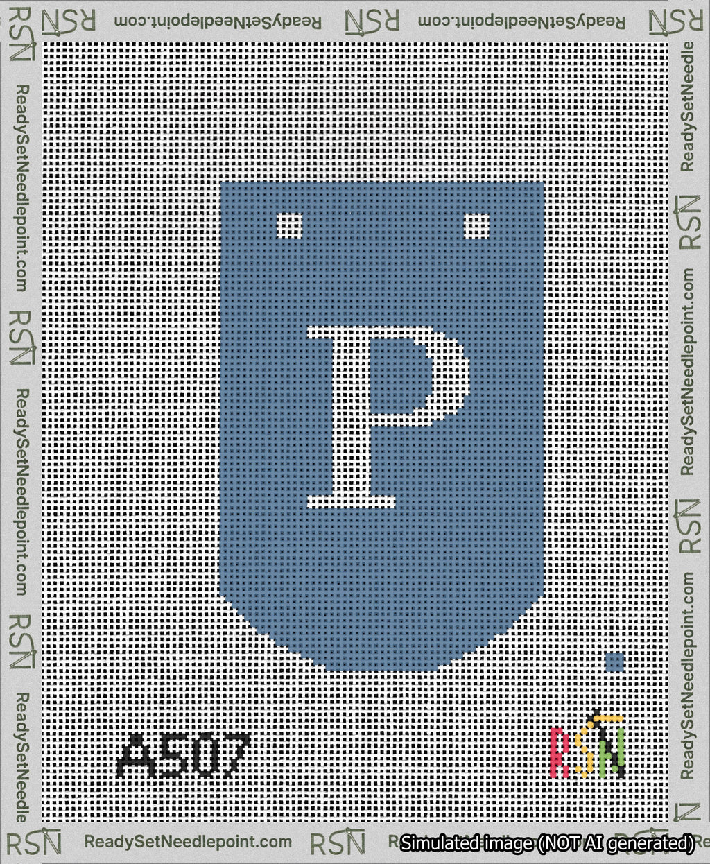 A taped needlepoint canvas with the design: Banner 13 mesh count Curved P White on Blue.