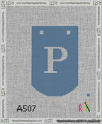 A taped needlepoint canvas with the design: Banner 13 mesh count Curved P White on Blue.