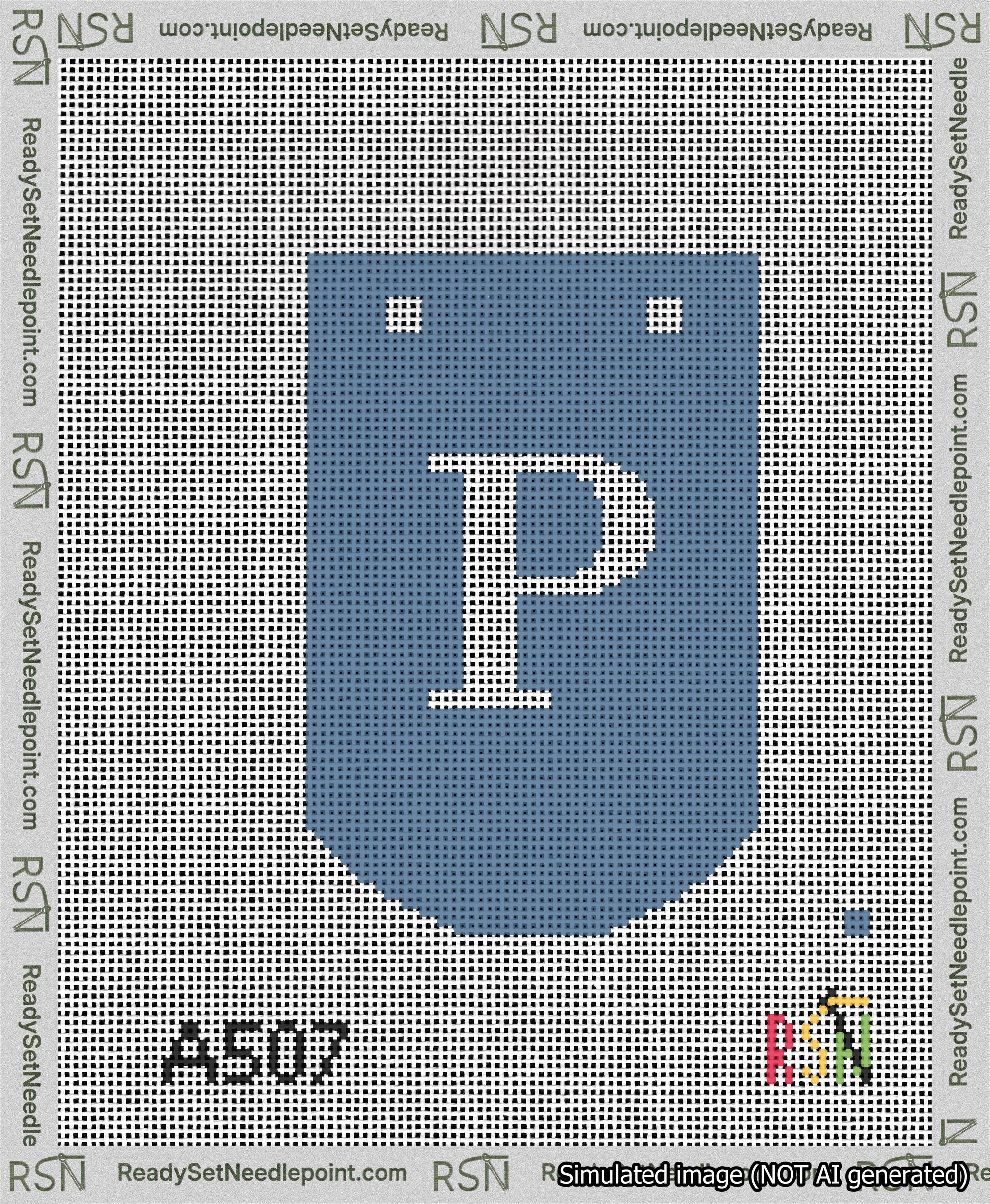 A taped needlepoint canvas with the design: Banner 13 mesh count Curved P White on Blue.