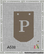 A taped needlepoint canvas with the design: Banner 13 mesh count Curved P White on Brown.