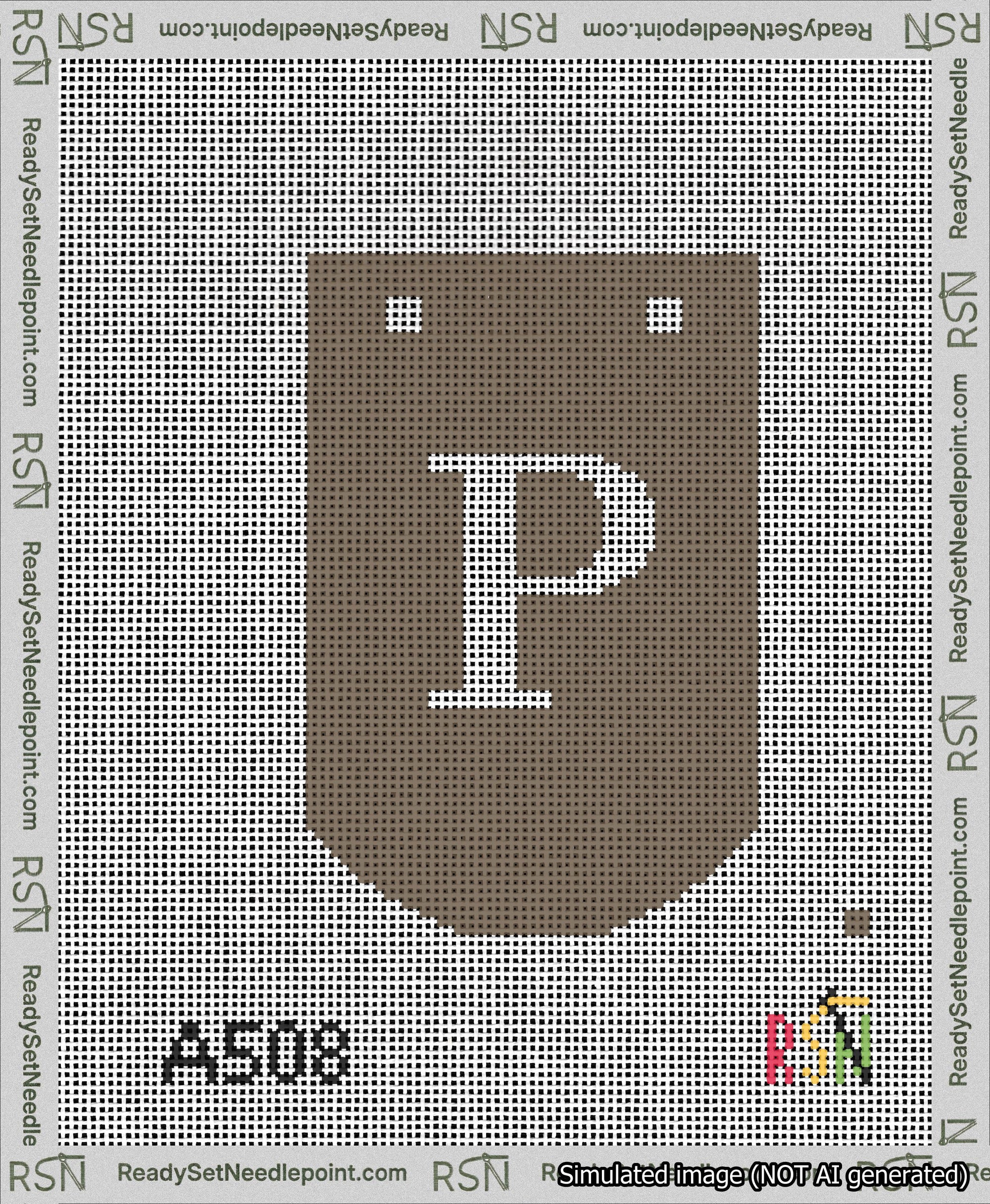 A taped needlepoint canvas with the design: Banner 13 mesh count Curved P White on Brown.