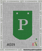 A taped needlepoint canvas with the design: Banner 13 mesh count Curved P White on Green.